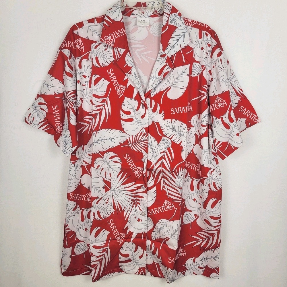 Saratoga Race Course Men's XL Red Hawaiian Shirt Tropical Palm Leaf Button Up